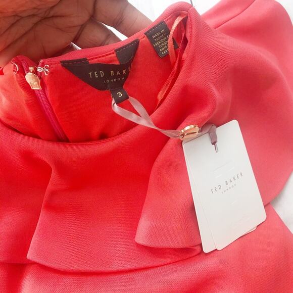 Ted Baker Women's Sontie Pink Coral Shift Dress‎ Ruffle Back Zip Size 8 NEW - Picture 4 of 6